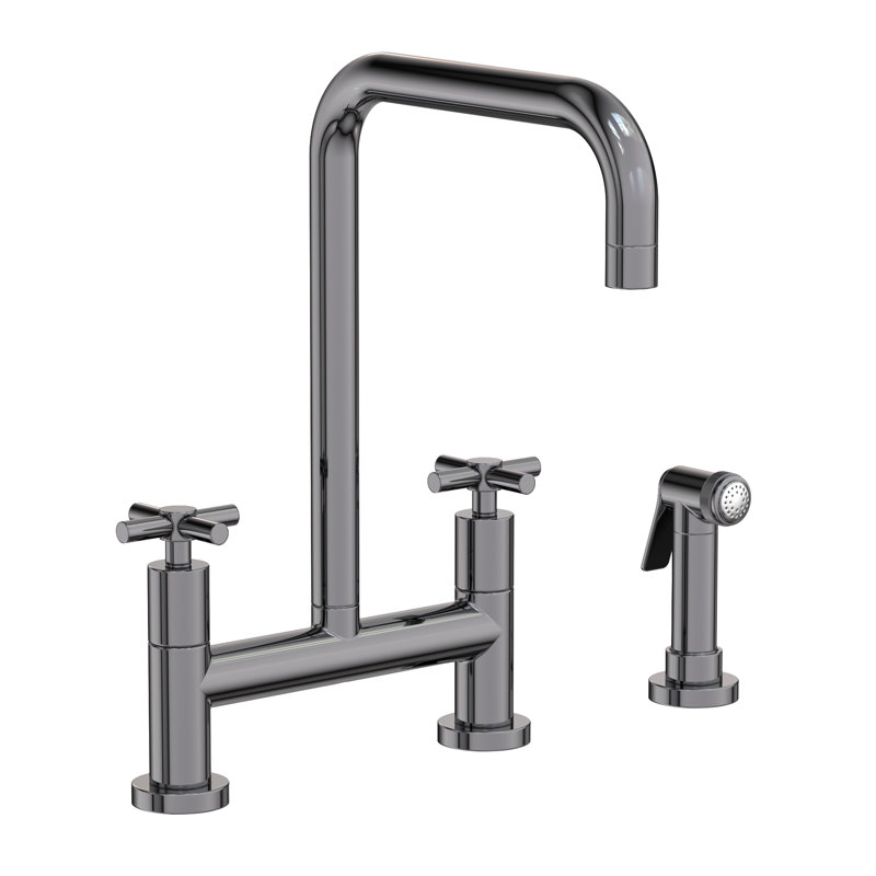 East Square Kitchen Bridge Faucet with Side Spray, Cross Handle, Midnight Chrome