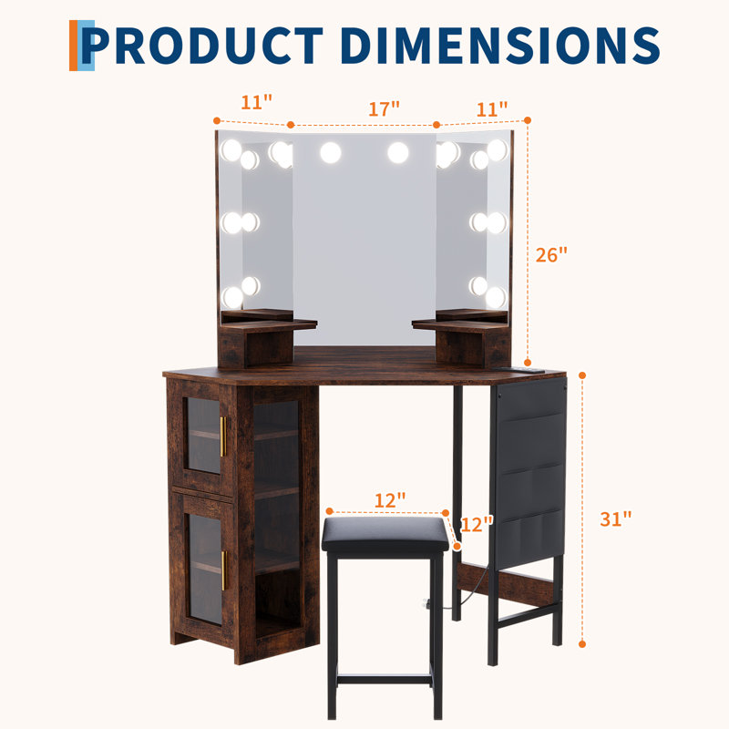 Bureau de coin avec tabouret, coiffeuse de maquillage avec miroir à ampoules, station de charge et armoire de rangement pour la chambre à coucher