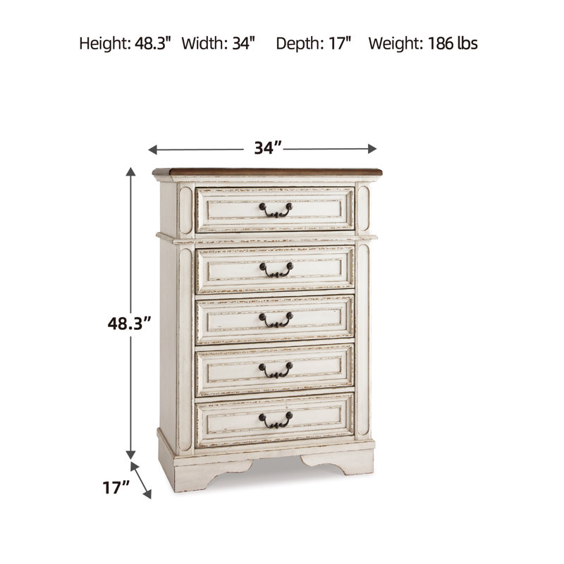 Cottage Charm Antique White 5-Drawer Chest with Felt Lined Drawers