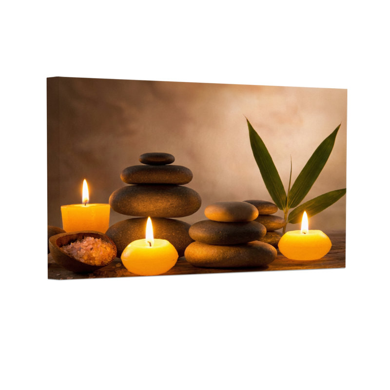 Bougies Fashion Calm Stones avec feuilles de bambou, scène paisible, lumière chaude, harmonie naturelle, H 12 po x l 18 po