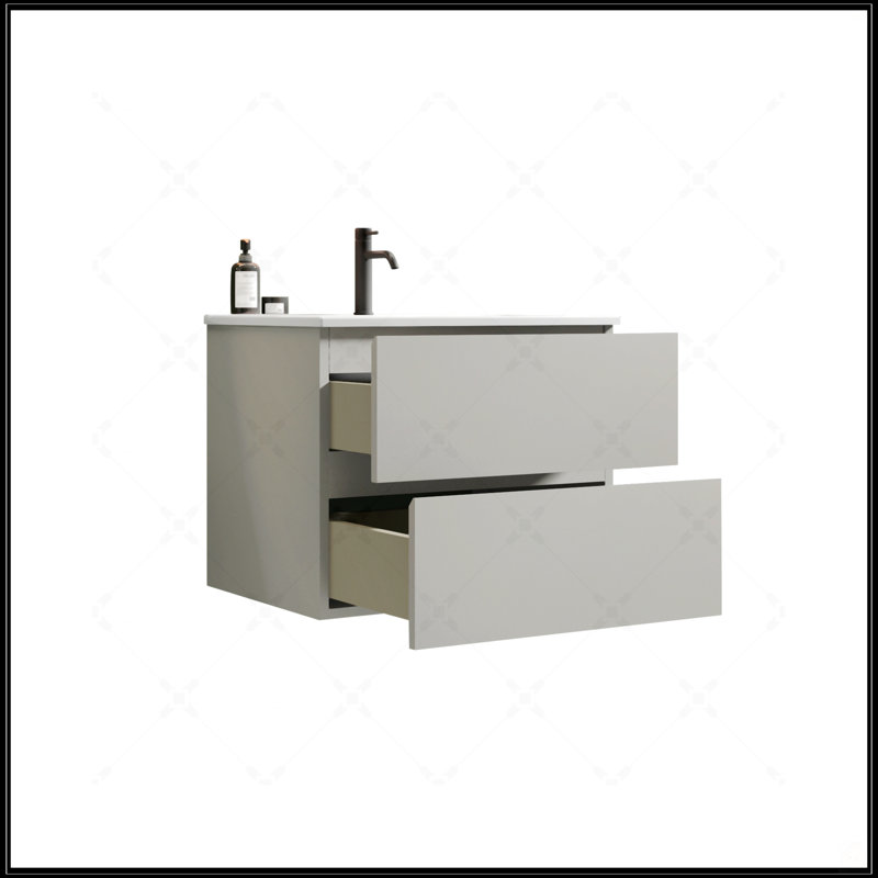 Meuble-lavabo mural de 24 po avec lavabo en céramique, un trou de robinet, grand rangement, conception flottante pour salle de bain moderne, pré-assemblé