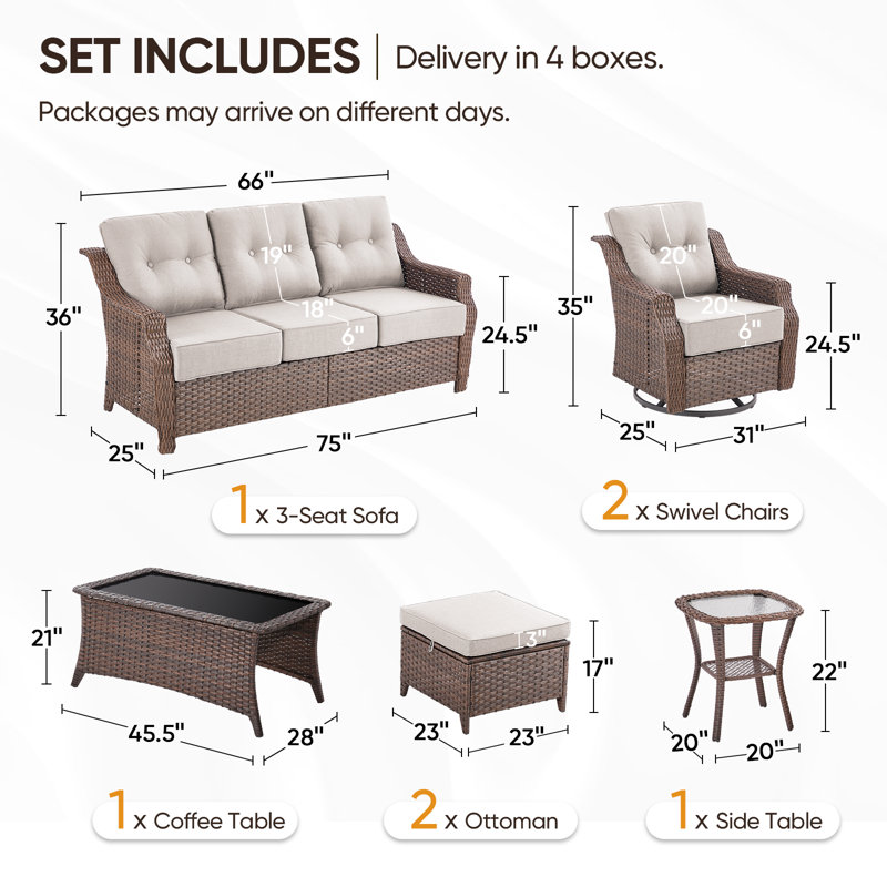 Craftedcane 7-Pieces Outdoor  PE Wicker Patio Conversation Set With 6" Thickness Cushions, White