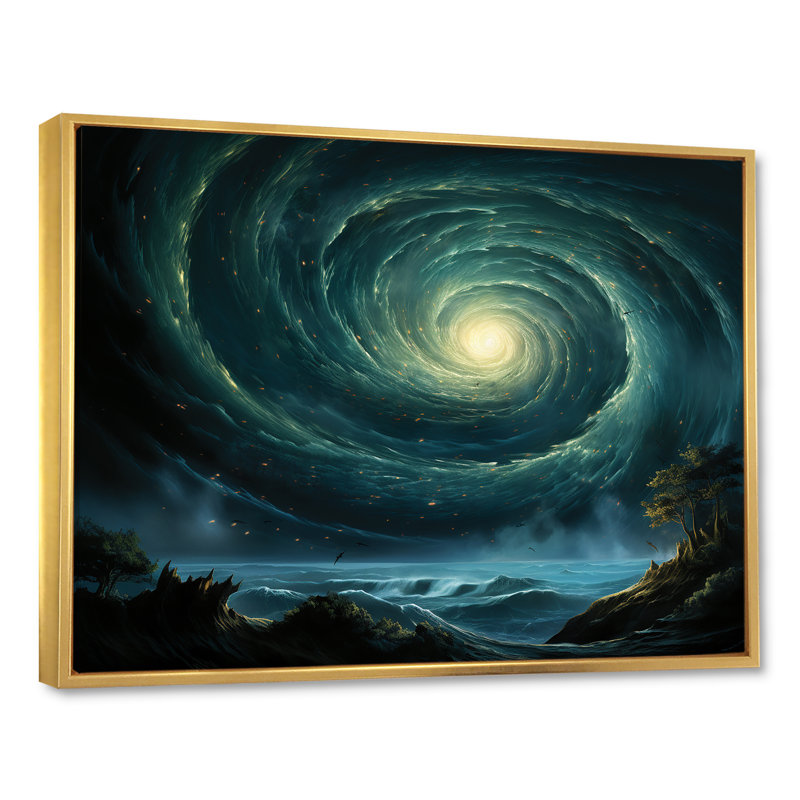 Art mural vert vert trou noir céleste, Cadre flottant doré, H 30 po x l 40 po x P 1,5 po