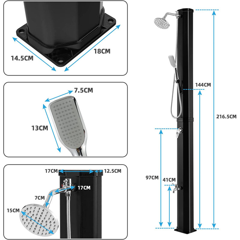 Alexnader Solar Powered Temperature Controlled Vinyl Free -standing Outdoor Shower and Footwash Spout, Black