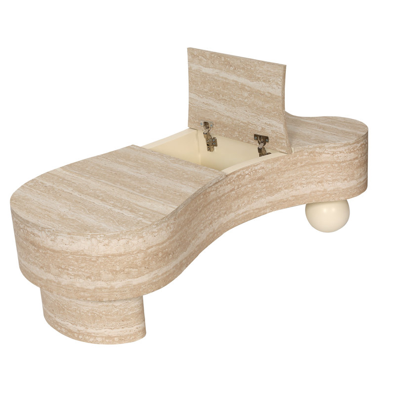 Table basse irrégulière avec plateau rabattable et compartiment de rangement caché
