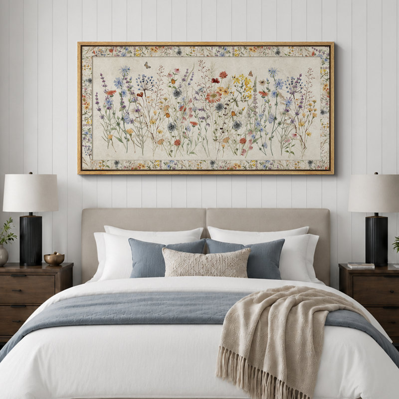 «Vibrant Wildflower Botanical Elegance», reproduction florale foncée encadrée, H 30 po x l 60 po, Naturel