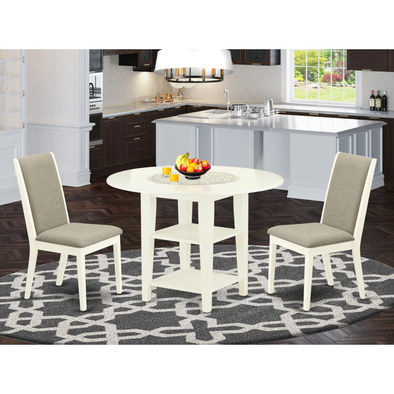 3 Piece Kitchen Table Set Contains a Round Dining Room Table with Dropleaf & Shelves and 2 Shitake Linen Fabric Parsons Chairs, Linen White