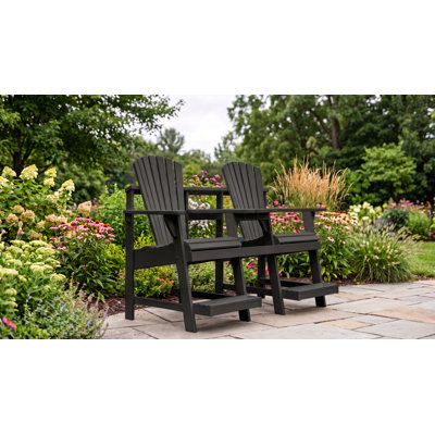 Adirondack Balcony/Pub Double Seater with Built in Table and Footrests – Has 1-5/8” Umbrella Hole and  Elevated Seating for Deck, Porch & Balcony Railings. Solid Pressure Treated Wood