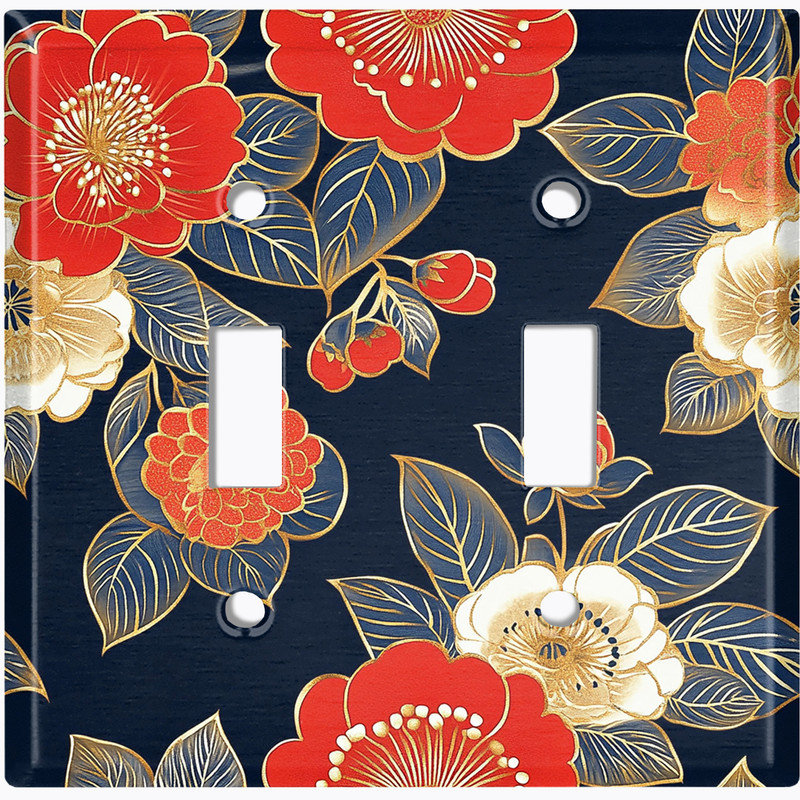 Couvercle de plaque d'interrupteur en métal; Bascule de taille standard US 2 - Fleurs japonaises rétro, #2 Double Toggle