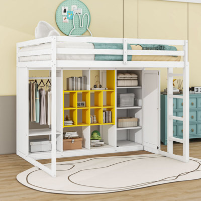 Wood Loft Bed With Wardrobe, Shelves And Cabinet