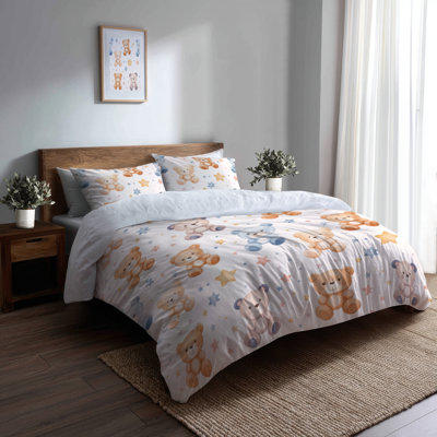 Kids Teddy Bears 3 Pcs Duvet Cover Set - Dreamy Starry Bears Duvet Cover And Throw Pillow Set