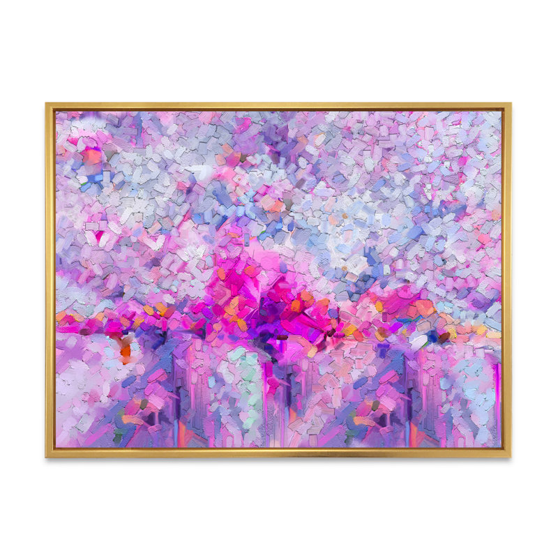 «Purple Lila Flower Grunge Art», reproduction sur toile flottante, H 24 po x l 36 po x P 1 po, Cadre flottant doré