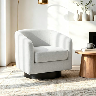 Applewold Upholstered Beige Chenille Swivel Barrel Chair with Solid Wood Base