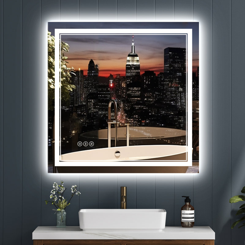 LED Lighted Bathroom Mirror: Front and Backlit, Tempered Glass, 3 Colors, Dimmable, CRI 90+, Defog, 30" x 30"