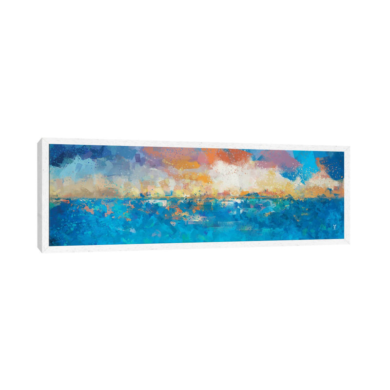 Sunset Seascape I 1 Piece Panoramic Painting on Canvas, 30.48cm H x 91.44cm W x 3.81cm D, White Framed