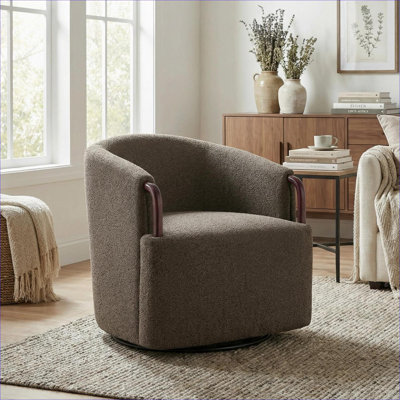 Fauteuil demi-tonneau pivotant à 360 ° Boucle, 30 po, brun riche avec détails en bois massif Boucle