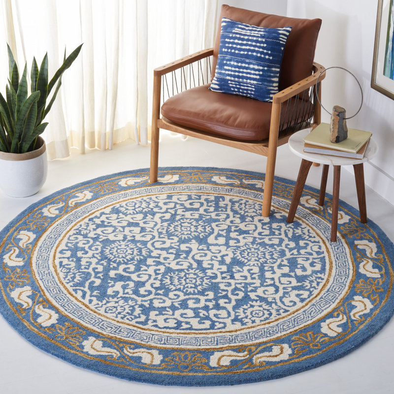 Tapis oriental bleu en laine touffeté à la main Elaise, Rond 6 pi