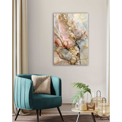 Pink Marble Tempered Glass Wall Art, Gold Leaf Abstract Decor, Modern Stone Texture Print, Large Vertical Agate Hanging, Elegant Gift Idea
