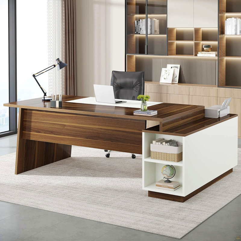 Bureau de direction en L 70,5 po avec armoire de rangement et tablettes, grand poste de travail d'ordinateur moderne Mid-Century pour bureau à domicile, noyer et blanc