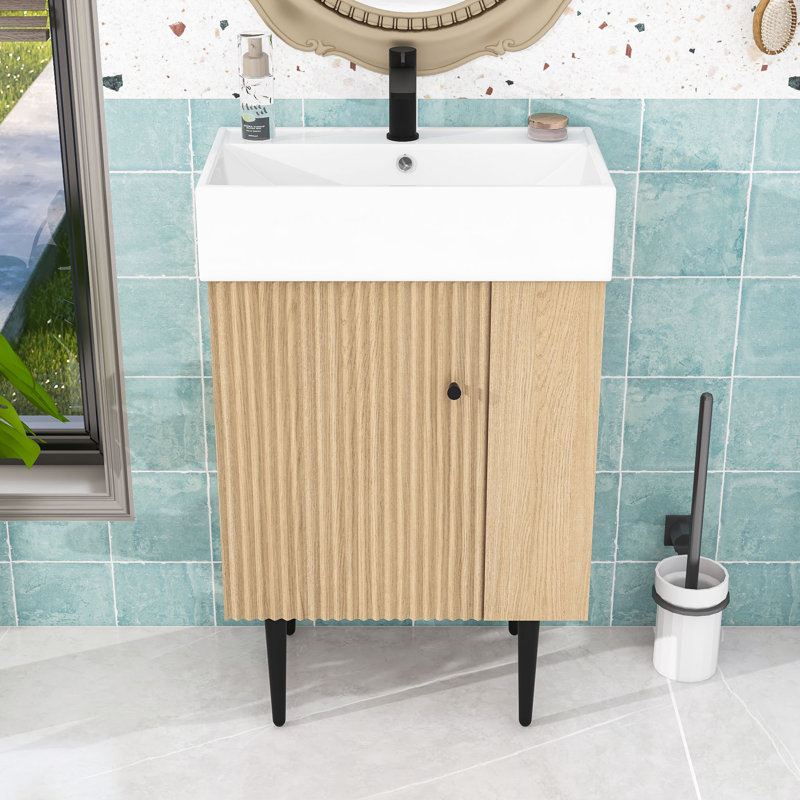 Ensemble de meuble-lavabo de salle de bain avec lavabo en céramique, rangement à droite et pieds dorés, Bois