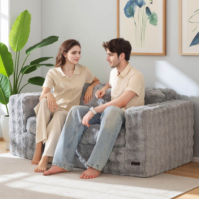  60" Ribbed Corduroy Cloud Loveseat Boneless Floor Sofa with High-Resilience Foam, Pillows Included,No Assembly Compression Sofa Cozy Family Couch