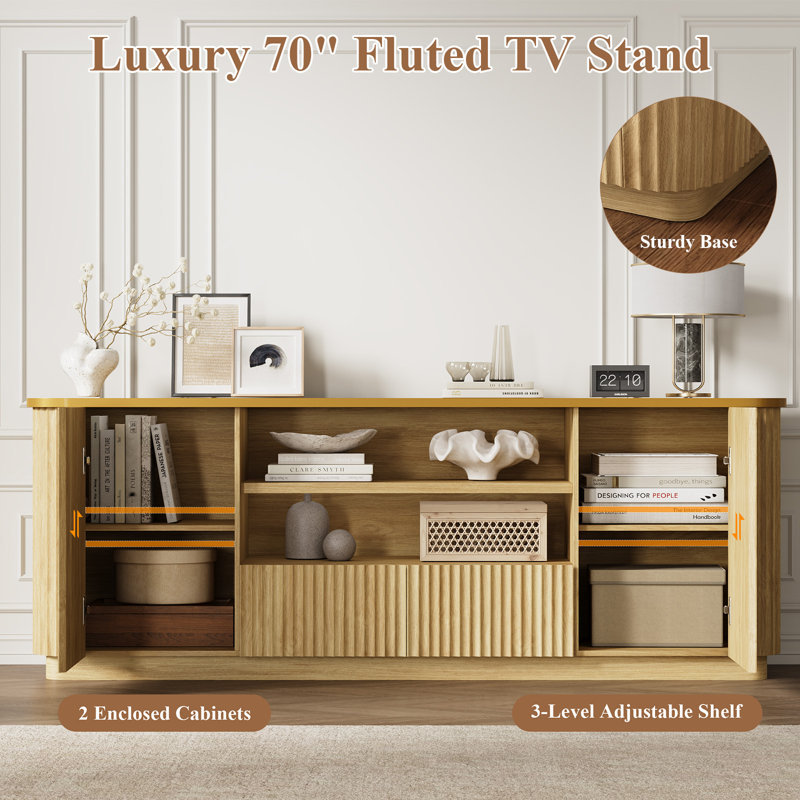70"Fluted TV Stand for TVs Up to 80", Modern Entertainment Center with 2 Drawers & Cabinets, TV Console with Curved Profile Design