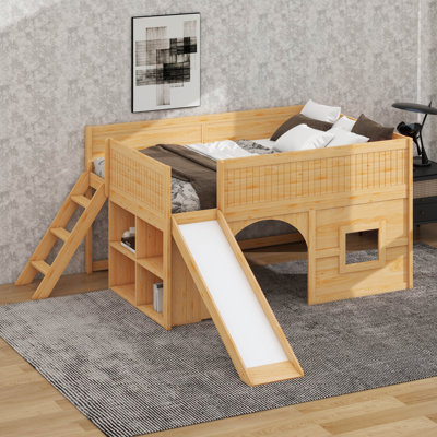 Full Size Low Loft Bed, Solid Wood Loft Bed Frame With Slide, 3 Drawers, 2 Doors And Safety Guardrails