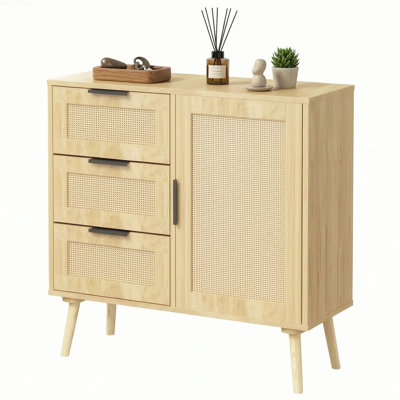 Meuble d'appoint en rotin, commode à 3 tiroirs avec porte et étagère réglables, meuble d'appoint en bois avec pieds en bois massif, ensemble anti-basculement inclus, pour chambre, salon, entrée, couloir
