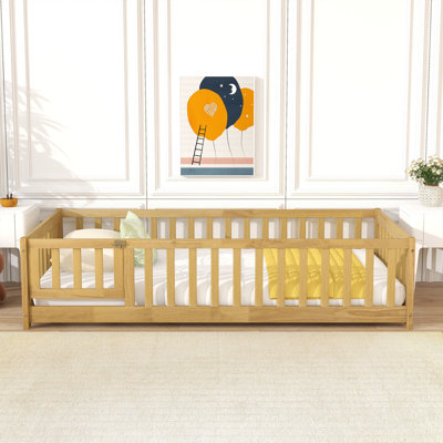 Twin Size Floor Bed With Fence And Door,Rubber Wood Floor Bed With Safety Guardrails,Natural (Old Sku W504P296778)