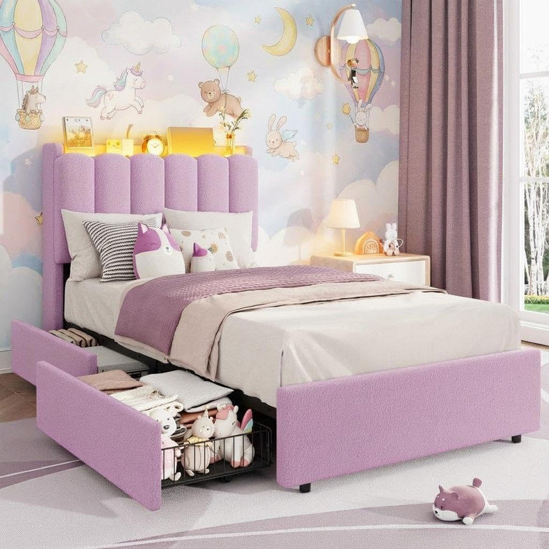 LED Twin XL Bed Frame with Storage Headboard & 2 Drawers, Wavy Bookcase, Wood Slats, No Box Spring, Purple, Twin XL