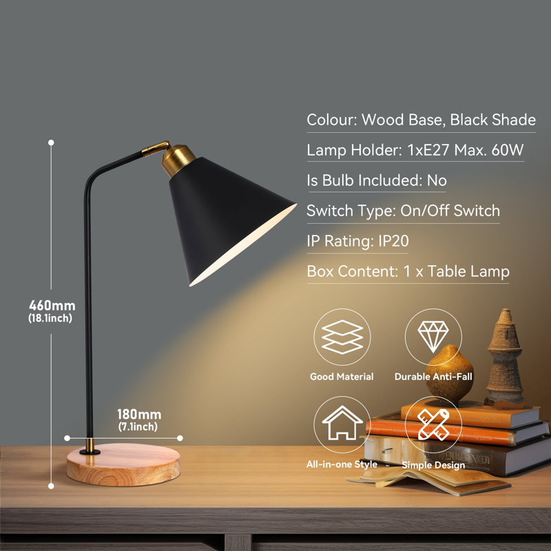 Lampe de bureau en bois massif Zarriah, Noir
