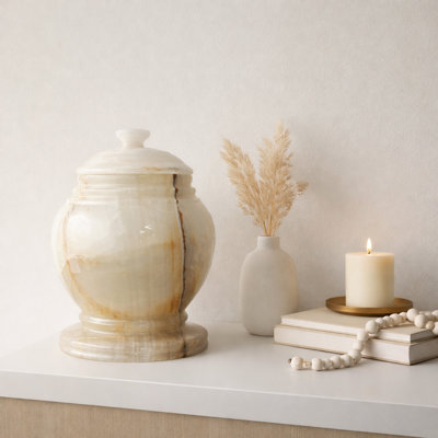 Urne décorative en marbre avec couvercle, onyx blanc avec motif tourbillon brun, H 10,5 po x l 8,25 po, 17,3 lb