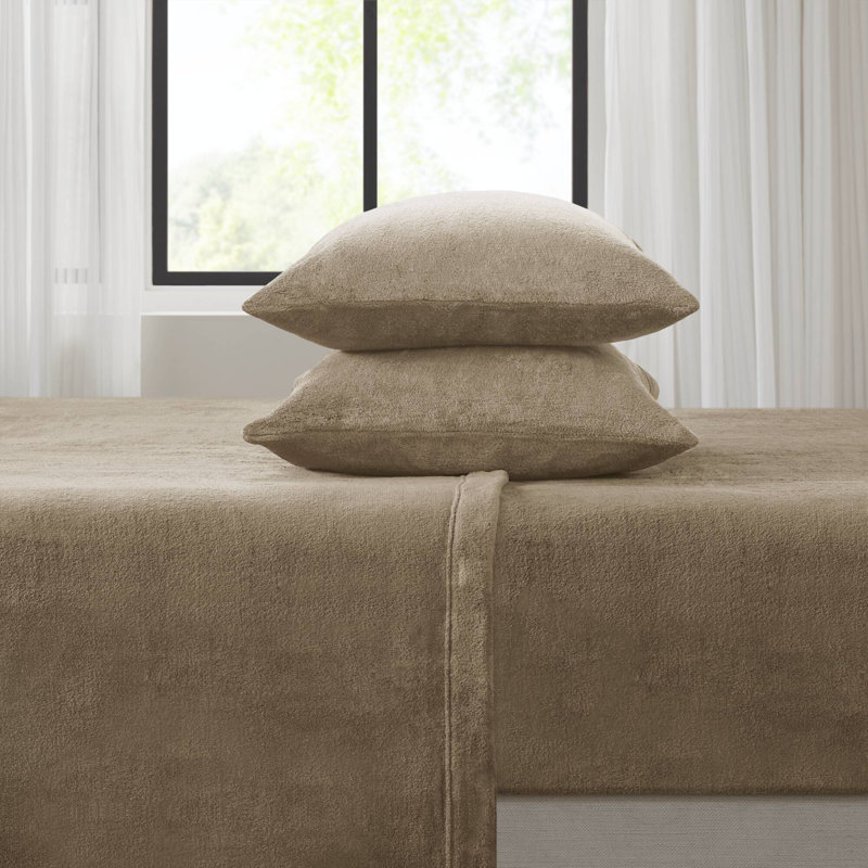 Taupe King Size Plush Polyester Sheet Set with Pillowcases