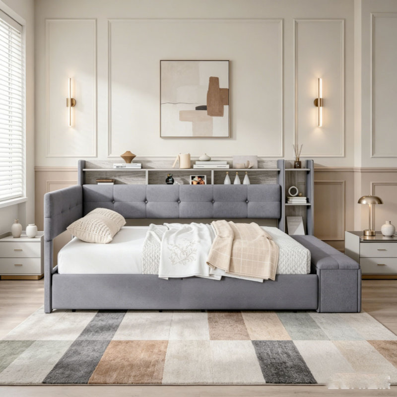 Lit de jour double rembourré avec couchette, tablettes et chargement USB, Gris, Double, Rangement au pied de lit; tablettes