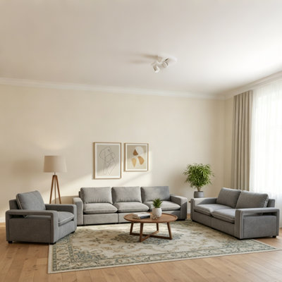 Ensemble de salon à accoudoirs carrés en chenille gris (canapé, causeuse et fauteuil)