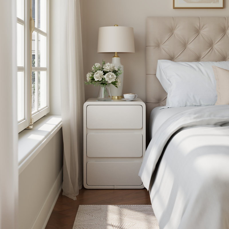 Table de chevet rembourrée en cuir massif, 11.9"W, Blanc, 3 tiroirs