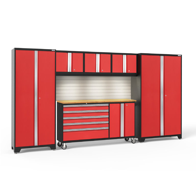 Bold Series 6 Piece Garage Storage Cabinet Set, Red, LED Light, Bamboo