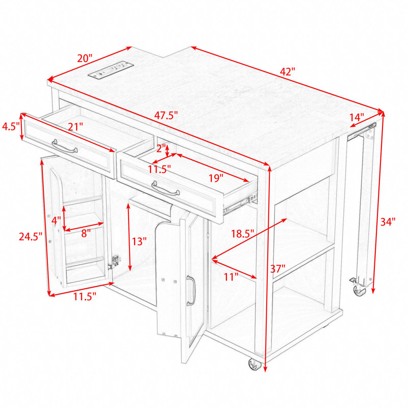 Îlot de cuisine extensible avec 2 tiroirs, armoire de rangement et prise de courant intégrée, Bleu gris
