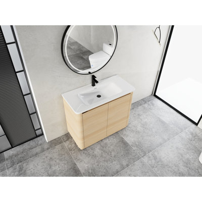 Meuble-lavabo autoportant de 40 po avec lavabo en céramique blanche, 2 portes à fermeture douce, rangement en contreplaqué Kd - Style moderne, tablettes réglables, fonctionnement silencieux, évier lisse et fermeture pour l'humidité
