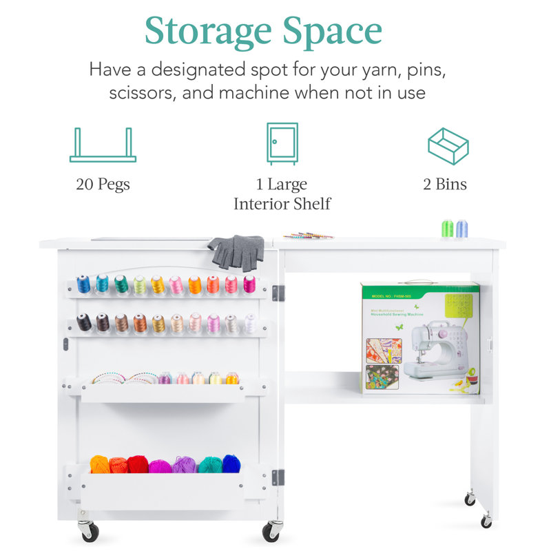 Espresso Compact Folding Sewing Table with Storage and Wheels