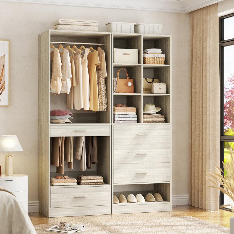 Organisateur de garde-robe autoportant à 4 tiroirs avec tringle et rangement - Système de rangement pour chambre à coucher