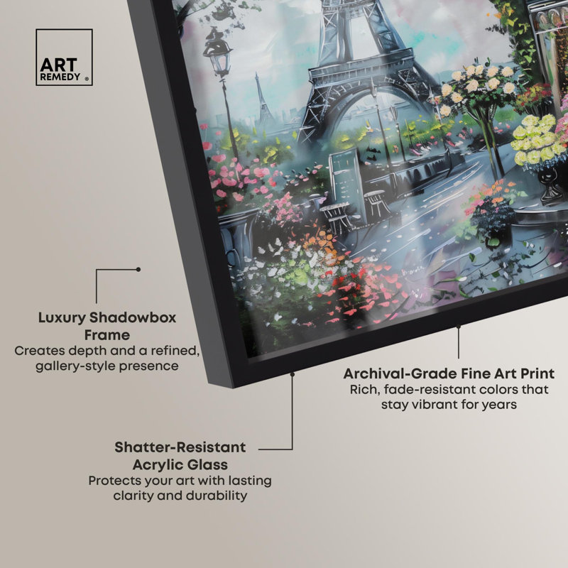 Printemps, magasin de fleurs, voyage de Paris, Shadowbox, impression par Art Remedy, H 11 po x l 16 po, Noir