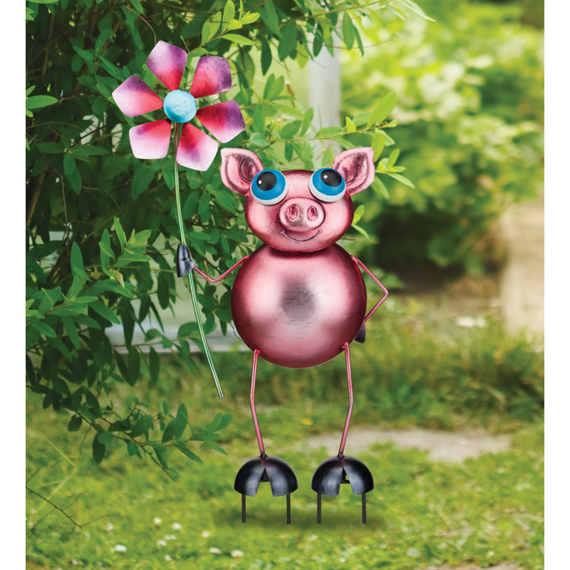 Pink Metal Pig Garden Spinner Stake with Flower