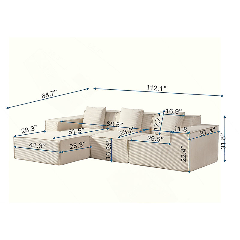 Canapé modulaire convertible avec repose-pieds et coussins, canapé modulaire en forme de L pour le salon, Beige