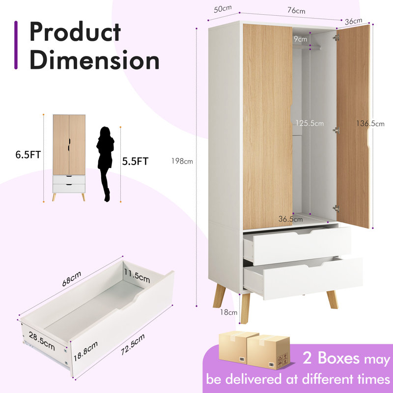 198 cm H Modern 2-Door Wardrobe with 2 Drawers and Solid Wood Legs, White & Natural Wood