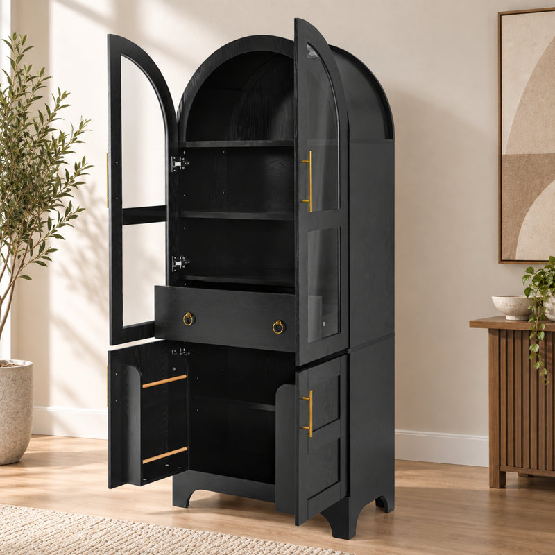 Meuble de cuisine noir cintré de 76,23 pouces de haut avec portes vitrées, panneaux de porte, étagères et tiroirs dissimulés