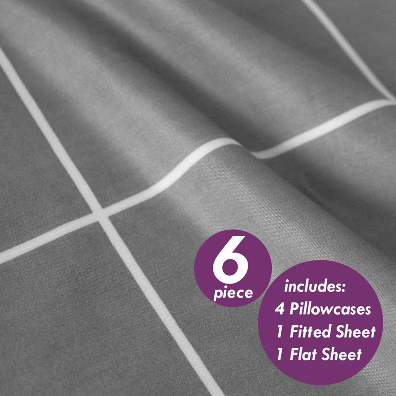 Loft Window Pane Stripe Sheet Set with Bonus Pillowcases, Full Sheet Set with 4 Pillowcases, Gray Striped