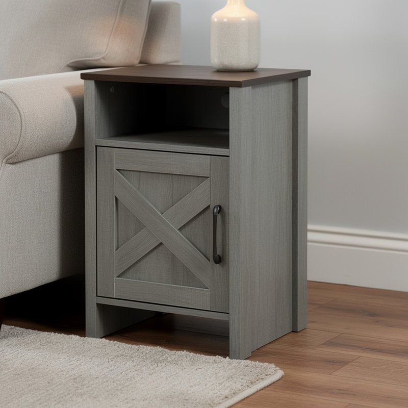 Table d'appoint Gera, plateau brun foncé de 16 po, porte de grange en X, tablette ouverte, gris
