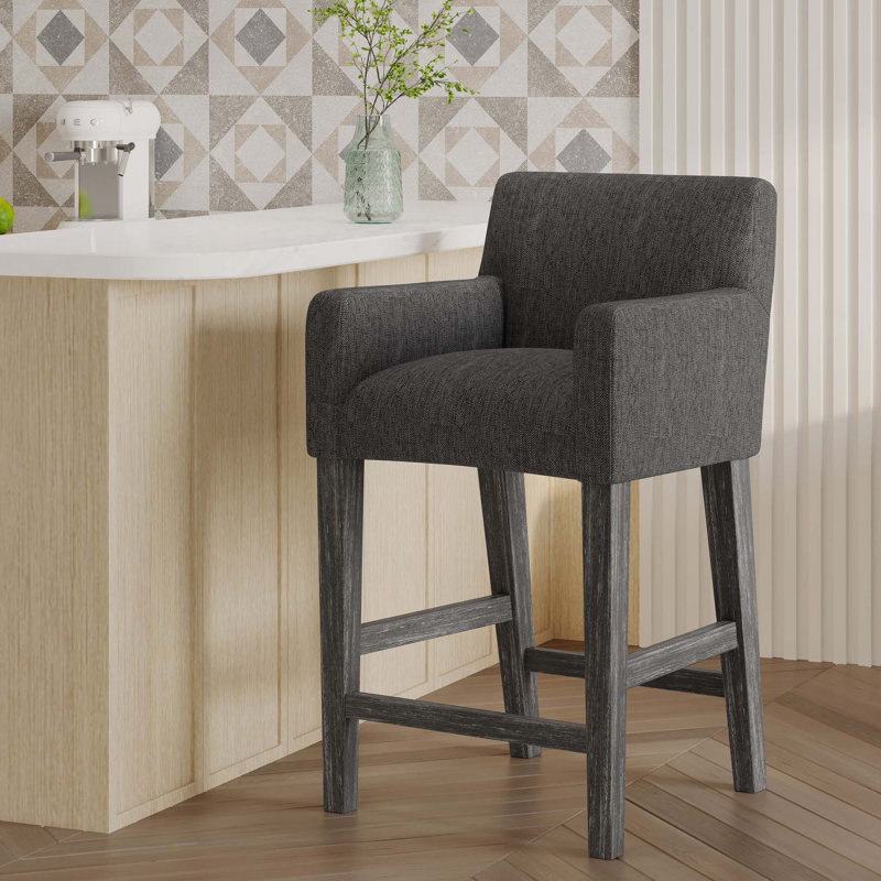 Tabouret en bois massif Alighiero, Gris anthracite / gris patiné, 1, Tabouret de comptoir (siège d'une hauteur de 26 p