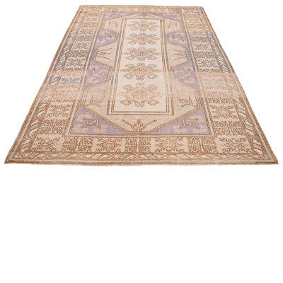 Tapis turc anatolien traditionnel rétro beige et rouge fait à la main 5 x 8